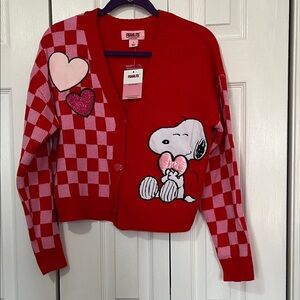 Peanuts Red and Pink Checkered Snoopy Cardigan